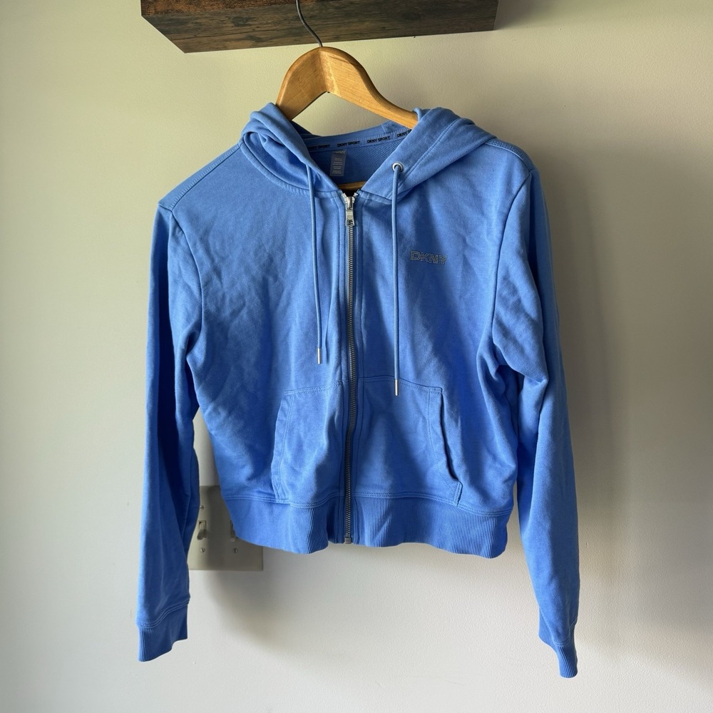 DKNY Sport Rhinestone Cornflower Blue Zip Up Crop Hoodie Y2K Core Size Medium
